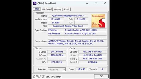 Использование приложения CPU-Z для определения arm