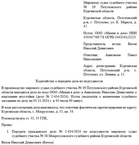 Представление ходатайства в соответствующий орган правосудия