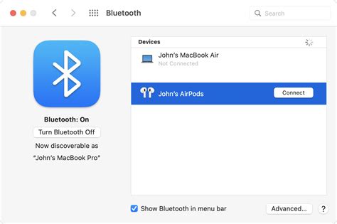 Синхронизация AirPods в меню Bluetooth