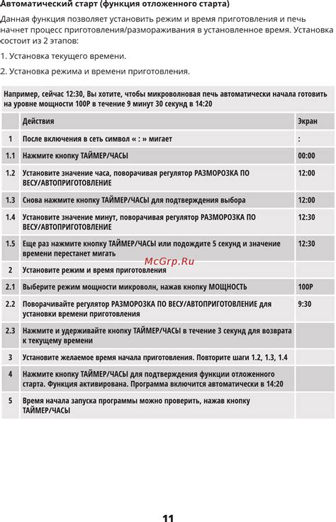 Установка времени и режима приготовления